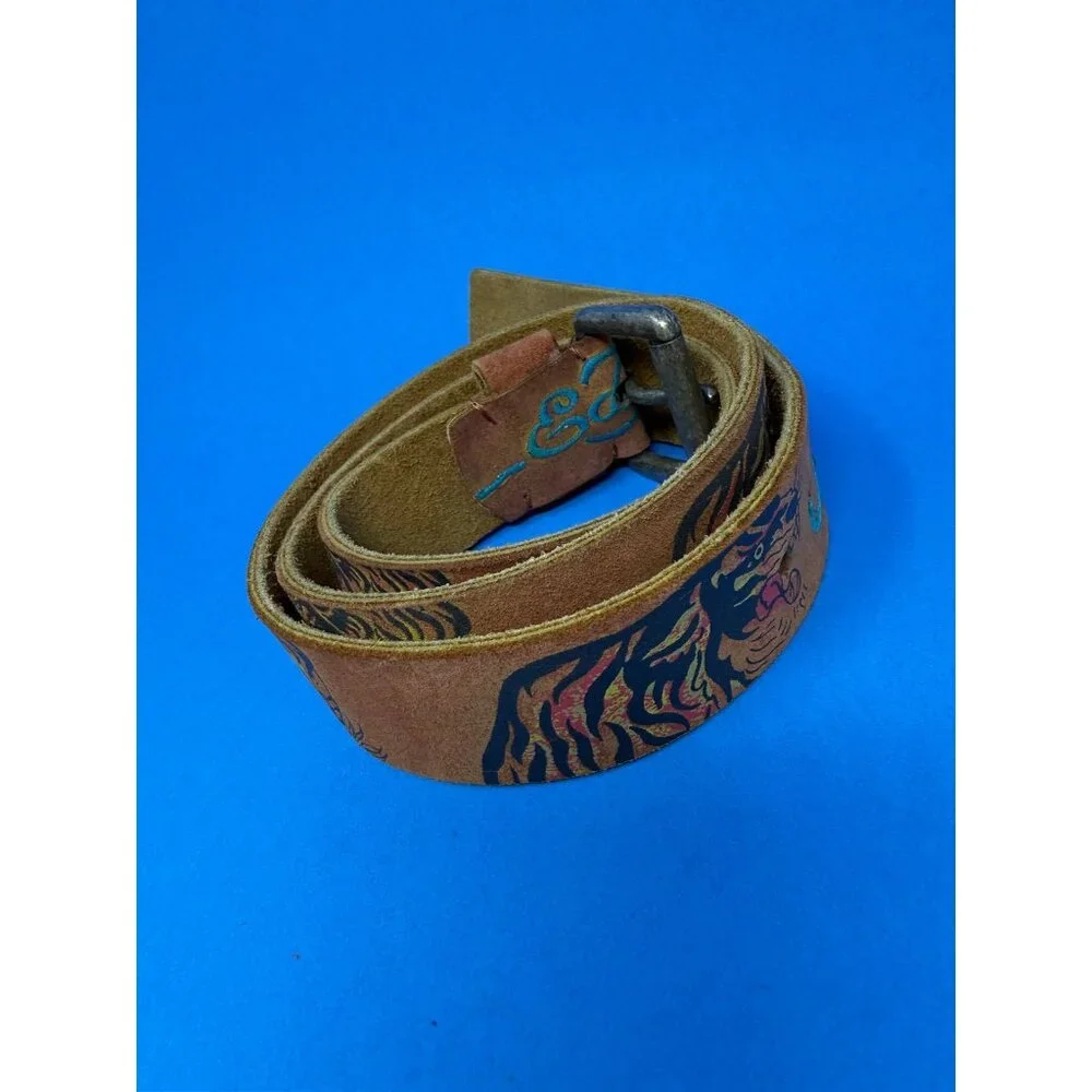 Vtg Ed Hardy Brown Tan Tiger Grafitti Genuine Leather Belt EH0008 Mens L Y2K
